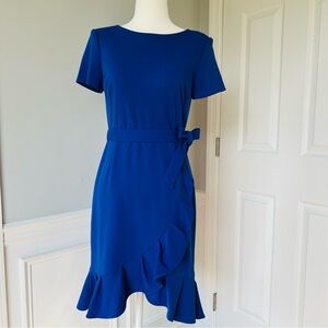 Calvin Klein Blue Tie Wrap Waist Ruffle Skirt Fit and Flare Dress, Size 4P